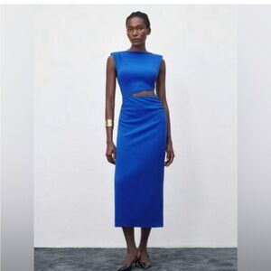 NWT Zara | Linen cut out midi dress cobalt Elegant Blue Asymmetrical Dress
